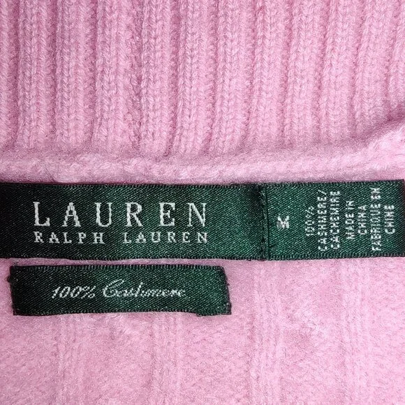 RALPH LAUREN 100% CASHMERE CABLE KNIT SHAWL COLLAR SWEATER PINK SIZE MEDIUM